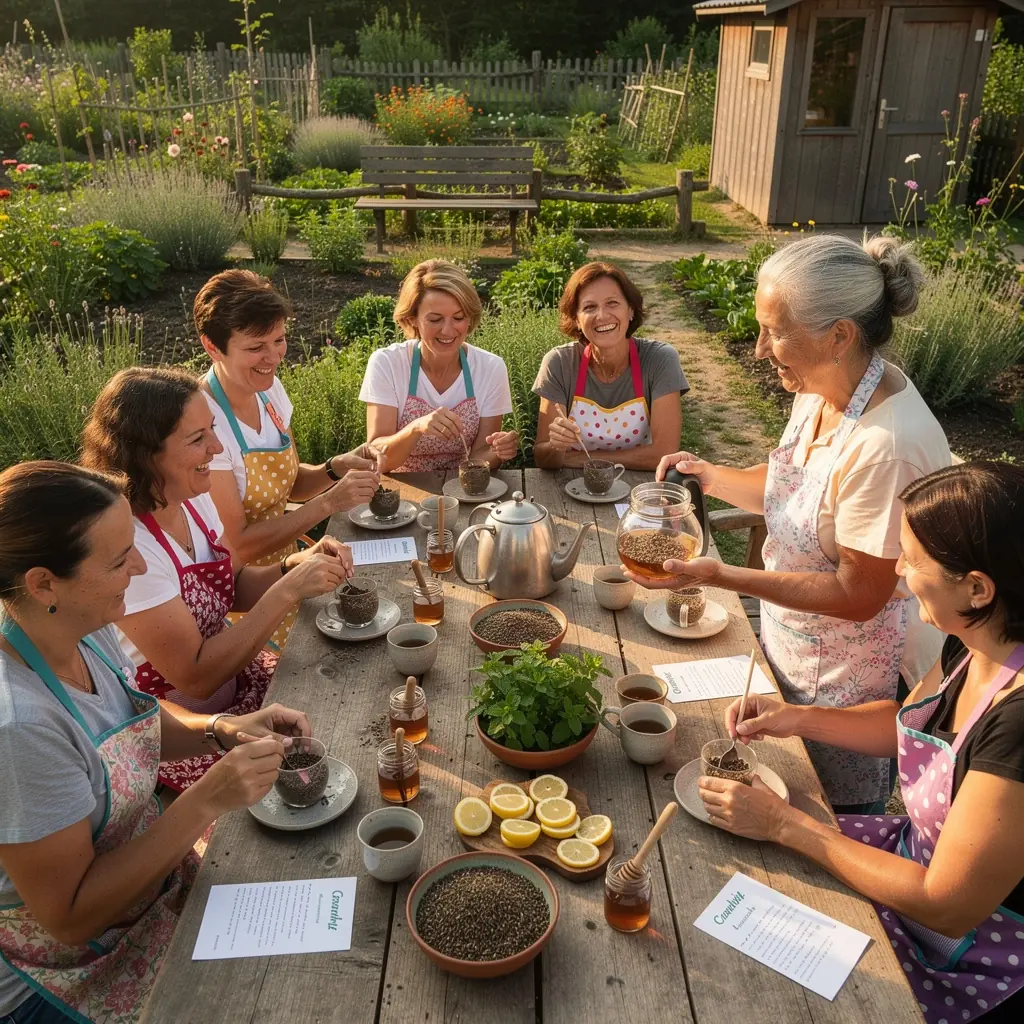 Köményes tea szép, díszes bögrében, háttérben fűszernövényekkel.